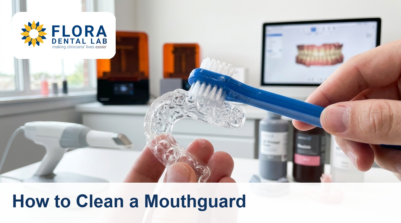 Clear resin mouthguard being cleaned with a brush in a digital dental lab