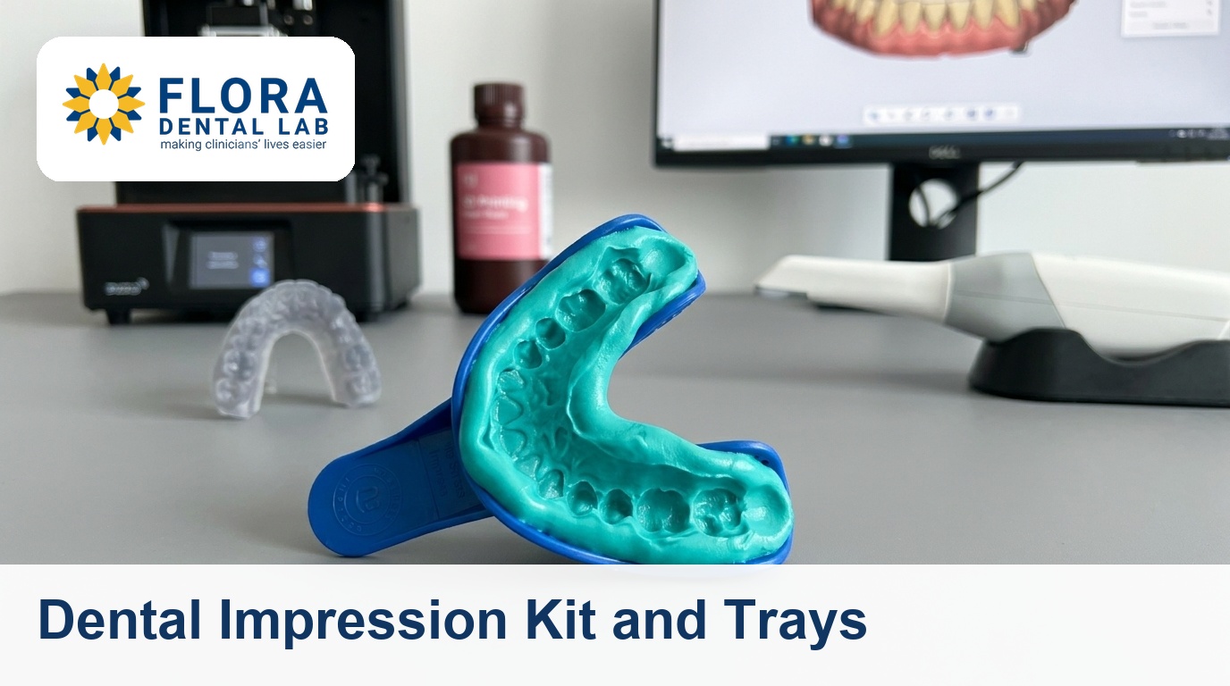 Dental impression tray filled with PVS impression material in a modern digital dental lab