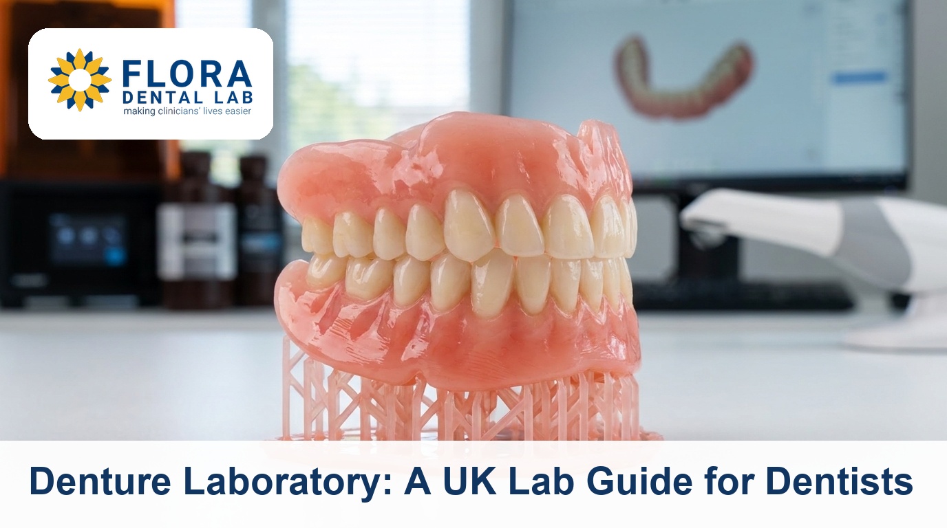 Complete denture on a 3D-printed resin model, digital lab